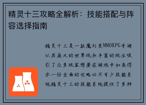 精灵十三攻略全解析：技能搭配与阵容选择指南